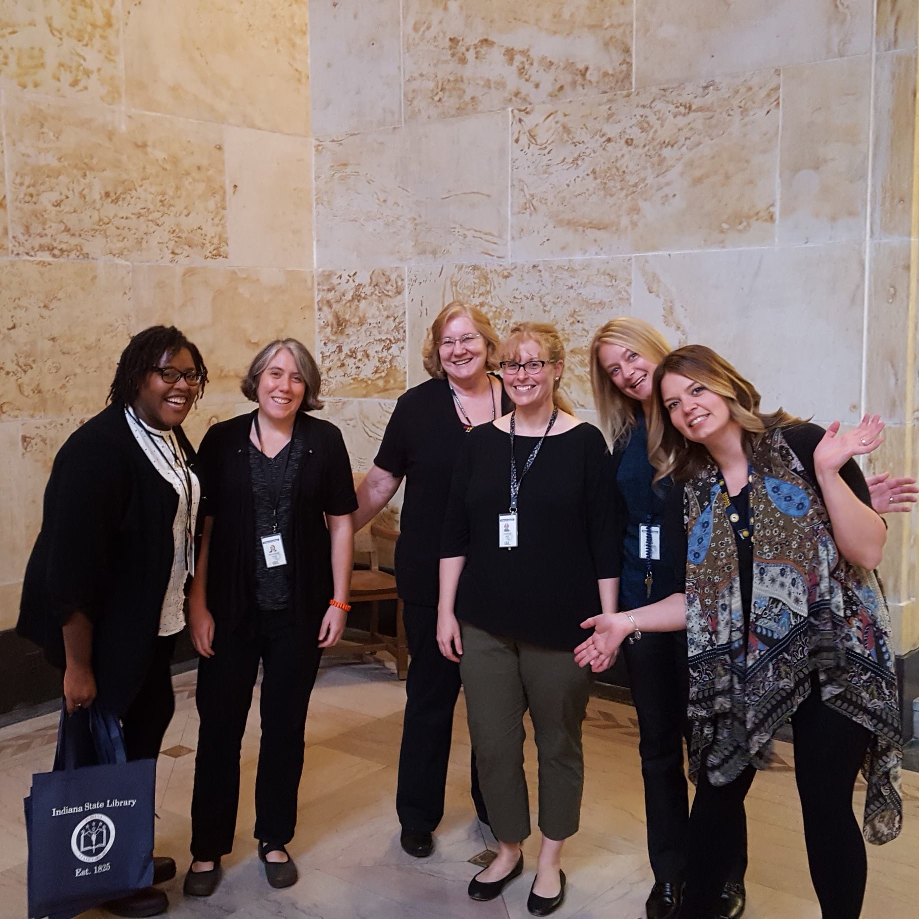Pictured: Stephanie Smith (Circulation), Monique Howell (Indiana), Marcia Caudell (Reference), Jocelyn Lewis (Catalog), Stephanie Asberry (Genealogy), Bethany Fiechter (Rare Books & Manuscripts) 